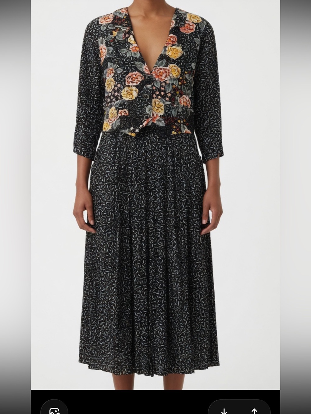Vintage 80’s Black Floral Midi Jumpsuit with Yellow & Pink Blooms Pockets L